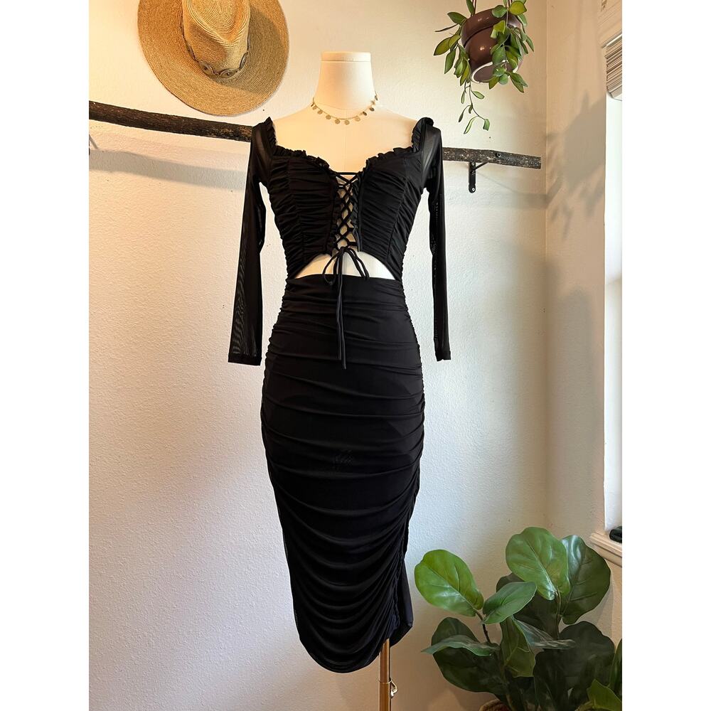 Shero Black Stretchy Ruched Semi Sheer Corset Long Sleeve Dress Size Medium